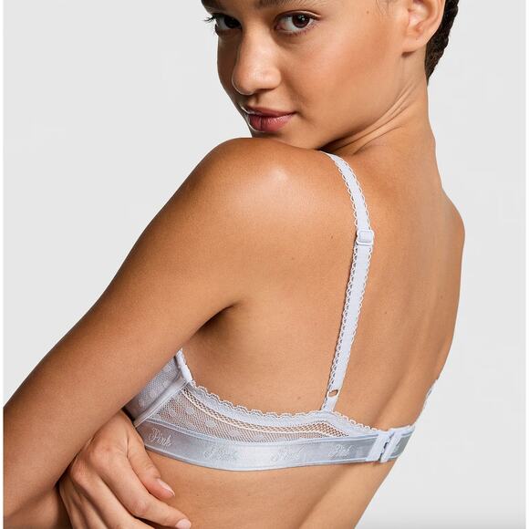 VS PINK Wink Unlined Plunge Bra Size 38DD Dot Mesh Hydrangea Blue - Picture 5 of 5